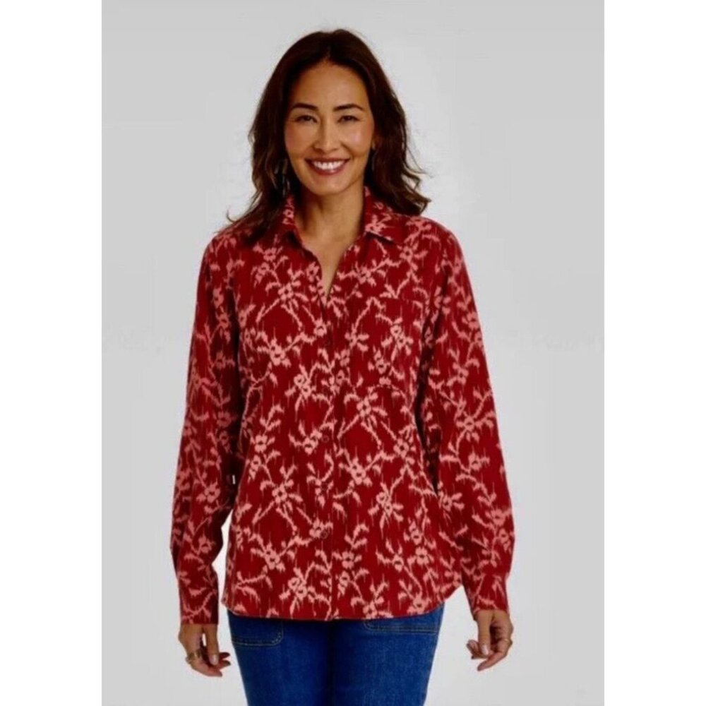 Knox Rose Womens L Deep Hibiscus Long Sleeve Button-Down Shirt Lyocell Boho New